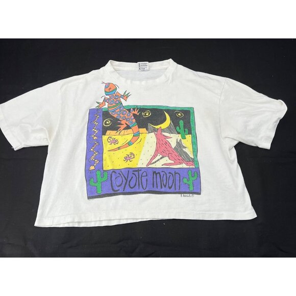 Vintage 80s/90s Anvil Coyote Moon Graphic Semi-Cropped T-Shirt White OSFA - Picture 1 of 5